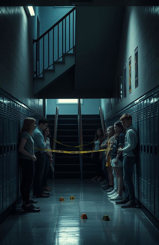 A dramatic high school scene featuring a crime scene under a staircase