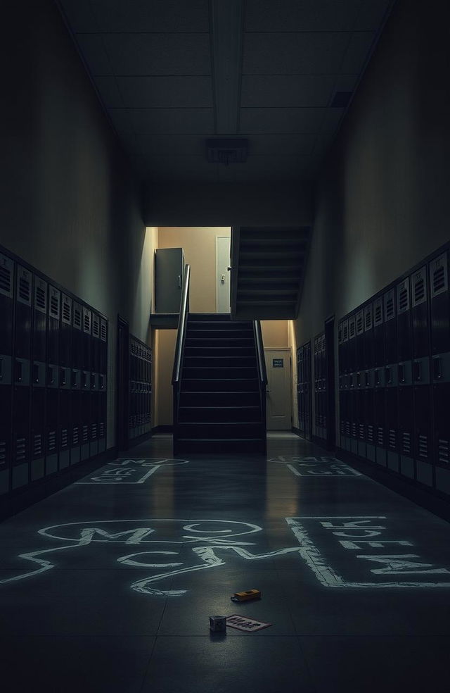 A deserted high school hallway with an eerie atmosphere, featuring a crime scene underneath a staircase