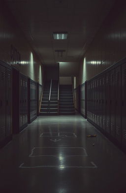 A deserted high school hallway with an eerie atmosphere, featuring a crime scene underneath a staircase