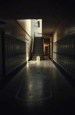 A deserted high school hallway with an eerie atmosphere, featuring a crime scene underneath a staircase