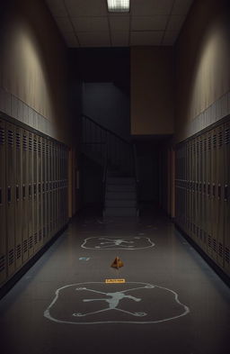 A deserted high school hallway with an eerie atmosphere, featuring a crime scene underneath a staircase