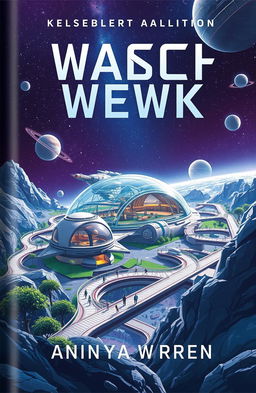 A captivating book cover design featuring a futuristic space settlement on a distant planet