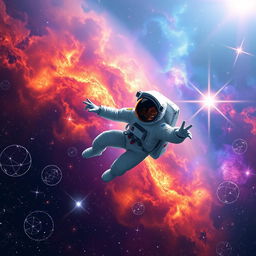 An awe-inspiring space-themed background featuring a lone astronaut gracefully flying through the vastness of space