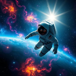 An awe-inspiring space-themed background featuring a lone astronaut gracefully flying through the vastness of space