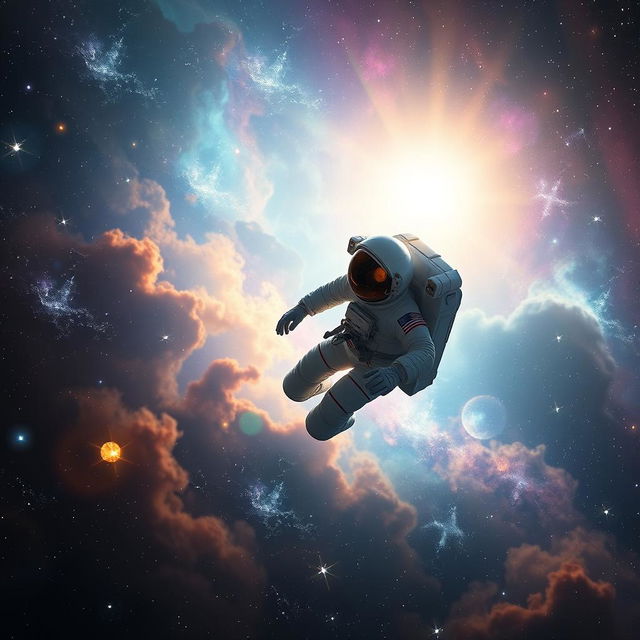 An awe-inspiring space-themed background featuring a lone astronaut gracefully flying through the vastness of space