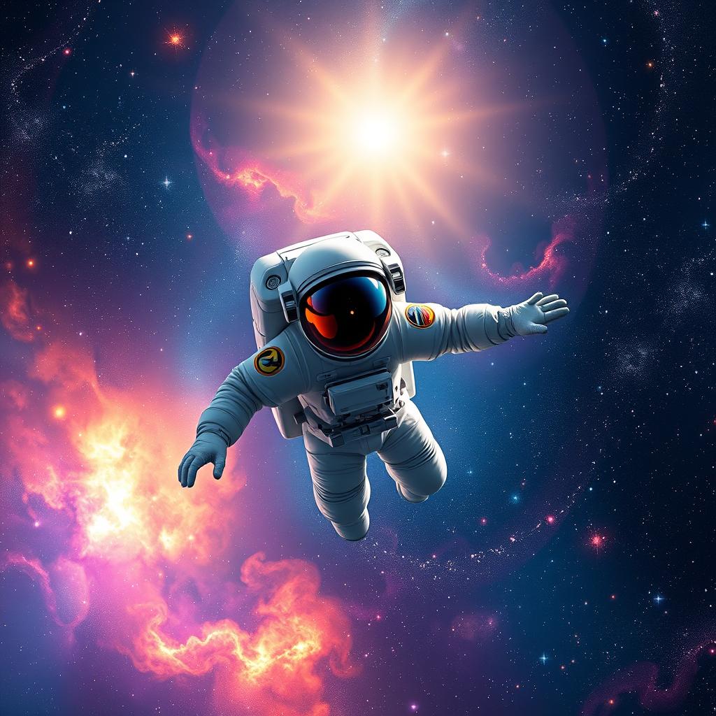 An awe-inspiring space-themed background featuring a lone astronaut gracefully flying through the vastness of space