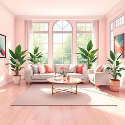 A detailed and vibrant illustration of an elegant, modern living room, showcasing a soft color palette with pastel shades