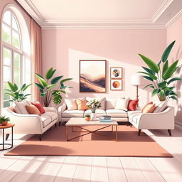 A detailed and vibrant illustration of an elegant, modern living room, showcasing a soft color palette with pastel shades