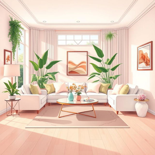 A detailed and vibrant illustration of an elegant, modern living room, showcasing a soft color palette with pastel shades