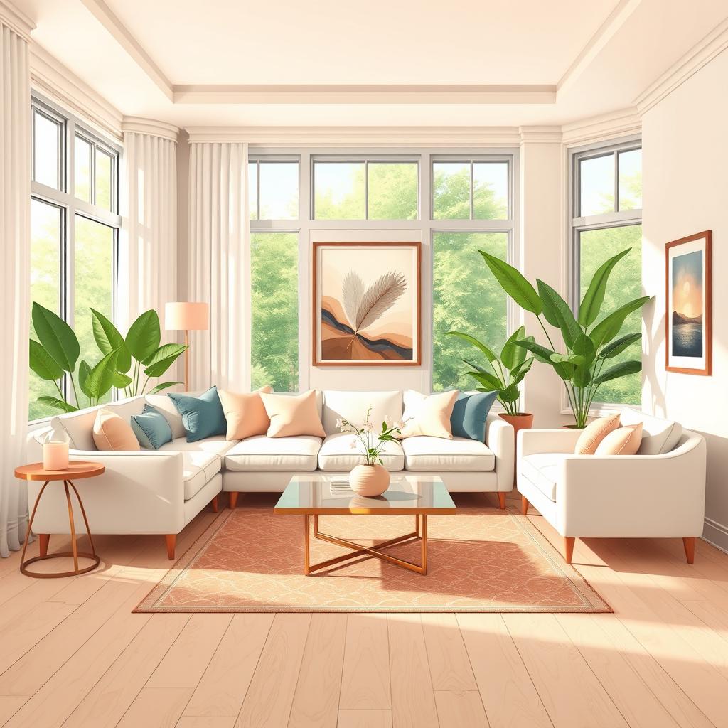 A detailed and vibrant illustration of an elegant, modern living room, showcasing a soft color palette with pastel shades
