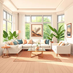 A detailed and vibrant illustration of an elegant, modern living room, showcasing a soft color palette with pastel shades
