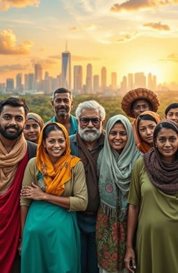 A visually striking scene depicting a group of diverse refugees from various backgrounds, including men, women, and children, standing together with hopeful expressions