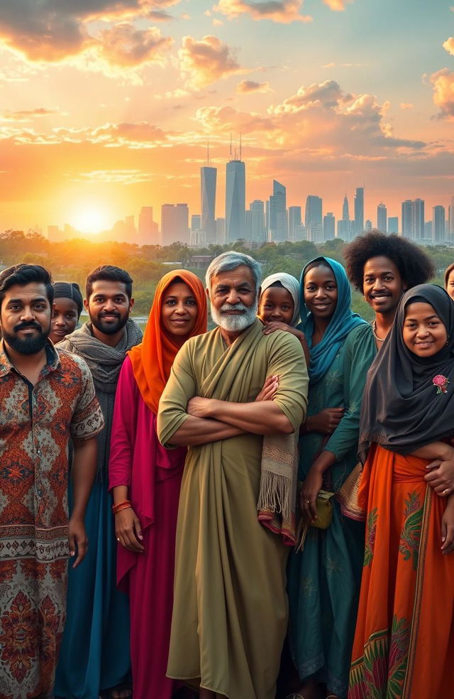 A visually striking scene depicting a group of diverse refugees from various backgrounds, including men, women, and children, standing together with hopeful expressions