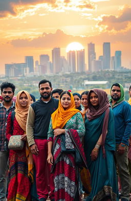 A visually striking scene depicting a group of diverse refugees from various backgrounds, including men, women, and children, standing together with hopeful expressions