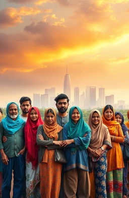 A visually striking scene depicting a group of diverse refugees from various backgrounds, including men, women, and children, standing together with hopeful expressions