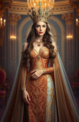 A regal and elegant portrait of Queen Veronica, depicted with a majestic crown adorned with jewels, wearing an intricate gown that flows gracefully to the ground