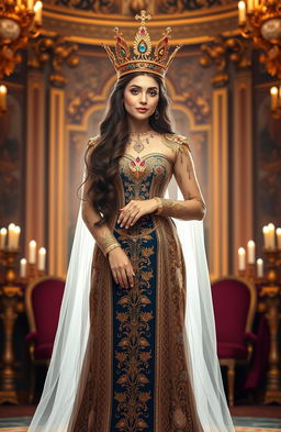 A regal and elegant portrait of Queen Veronica, depicted with a majestic crown adorned with jewels, wearing an intricate gown that flows gracefully to the ground