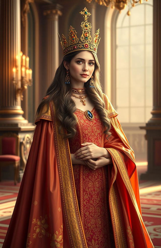 A regal and elegant portrait of Queen Veronica, depicted with a majestic crown adorned with jewels, wearing an intricate gown that flows gracefully to the ground