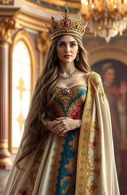 A regal and elegant portrait of Queen Veronica, depicted with a majestic crown adorned with jewels, wearing an intricate gown that flows gracefully to the ground