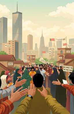 An artistic representation exploring the theme of wealthy nations accepting refugees