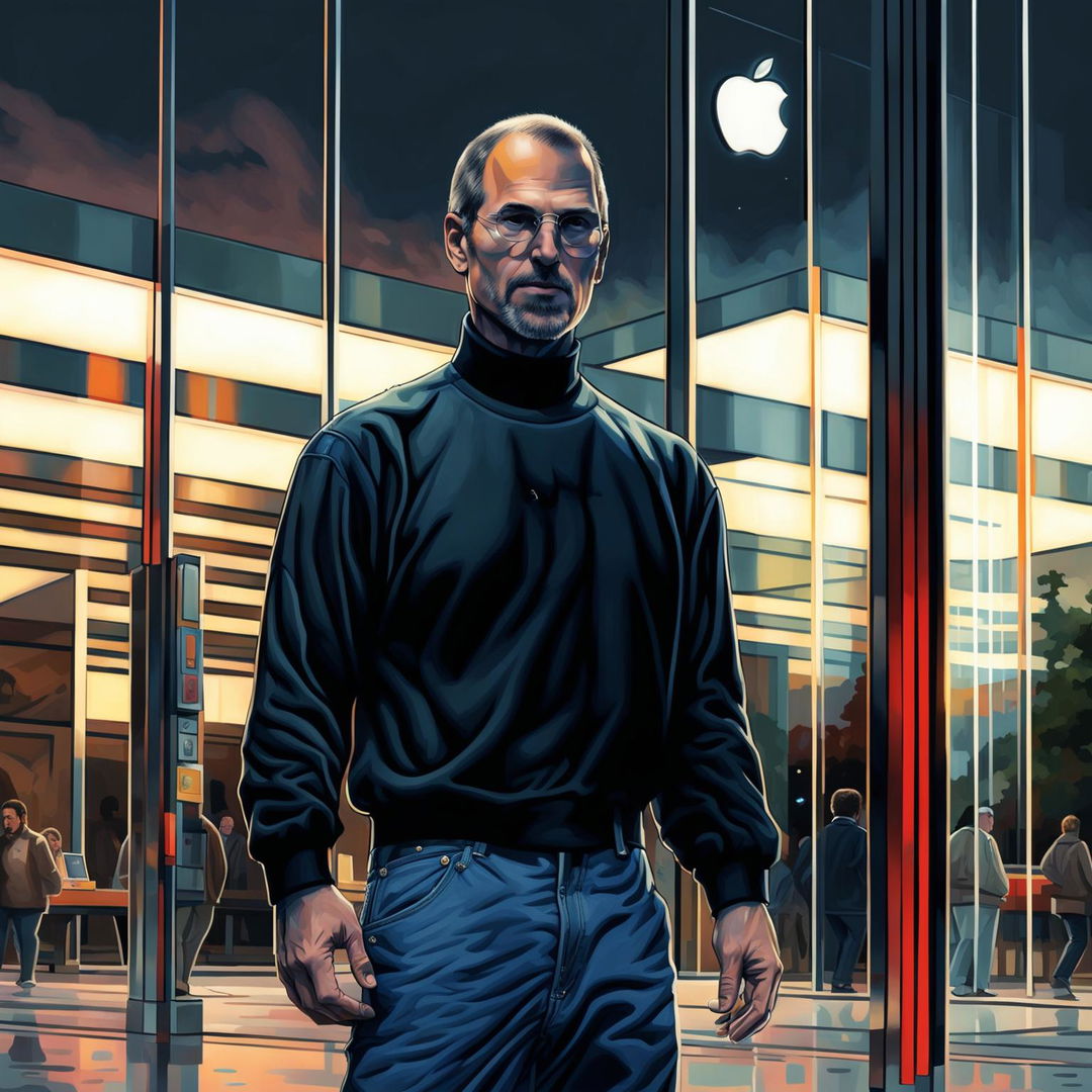 A high-quality digital art image of Steve Jobs in his iconic attire, standing in front of an Apple store at sunset, symbolizing him taking back his company