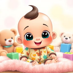 A cute cartoon baby boy with big expressive eyes, wearing a colorful onesie with animal prints, sitting happily on a soft plush blanket