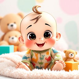 A cute cartoon baby boy with big expressive eyes, wearing a colorful onesie with animal prints, sitting happily on a soft plush blanket