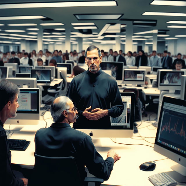 A high-quality digital art image depicting Steve Jobs in the middle of a modern office space, addressing workers of the 'Email' department