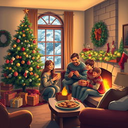 A cozy, heartwarming Christmas scene depicting a small, beautifully decorated living room with a warm fireplace glowing softly