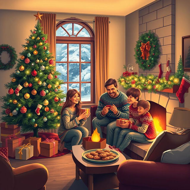 A cozy, heartwarming Christmas scene depicting a small, beautifully decorated living room with a warm fireplace glowing softly