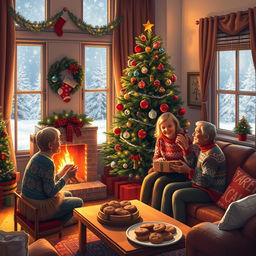 A cozy, heartwarming Christmas scene depicting a small, beautifully decorated living room with a warm fireplace glowing softly