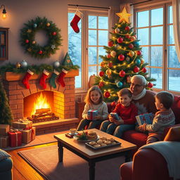 A cozy, heartwarming Christmas scene depicting a small, beautifully decorated living room with a warm fireplace glowing softly