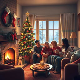 A cozy, heartwarming Christmas scene depicting a small, beautifully decorated living room with a warm fireplace glowing softly