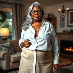 A realistic depiction of a 60-year-old dusky Latin housewife with a plus-size, pear-shaped body