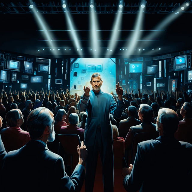 A high-quality digital art image depicting Steve Jobs on stage, revealing the revolutionary iChip to a captivated audience