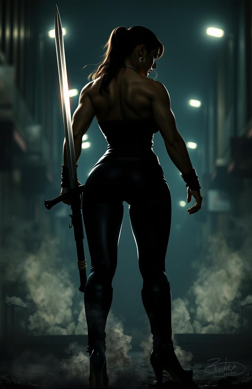 A strong, muscular woman with an imposing silhouette, her body is tense with determination