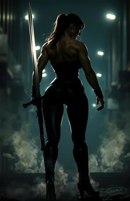 A strong, muscular woman with an imposing silhouette, her body is tense with determination