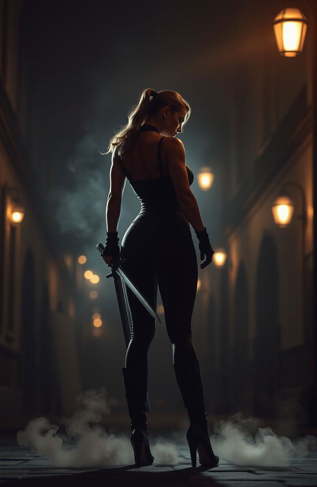 A strong, muscular woman with an imposing silhouette, her body is tense with determination