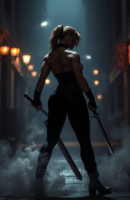 A strong, muscular woman with an imposing silhouette, her body is tense with determination