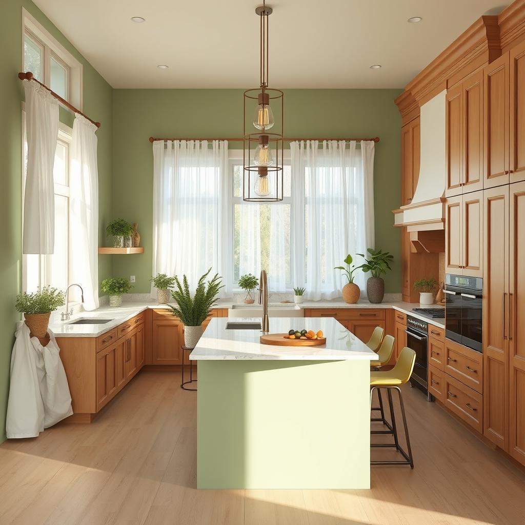 A beautifully designed interior of a kitchen featuring warm green and beige colors to create a sense of warmth and nature