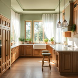 A beautifully designed interior of a kitchen featuring warm green and beige colors to create a sense of warmth and nature
