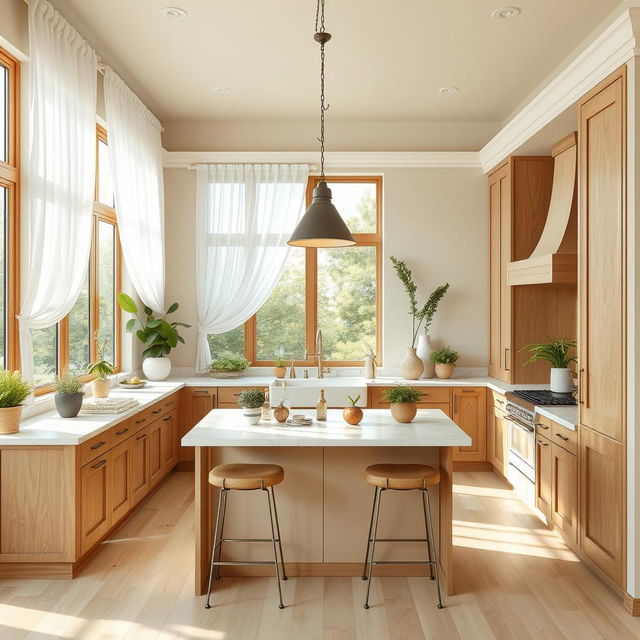 A beautifully designed interior of a kitchen featuring warm green and beige colors to create a sense of warmth and nature