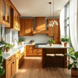 A beautifully designed interior of a kitchen featuring warm green and beige colors to create a sense of warmth and nature