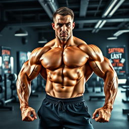 A realistic and striking image of a muscular man with an athletic physique, confidently posing in a modern gym environment