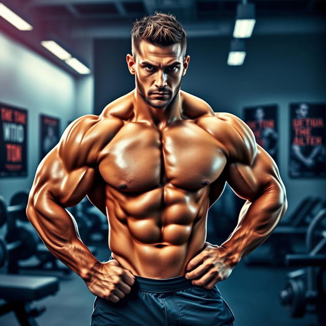 A realistic and striking image of a muscular man with an athletic physique, confidently posing in a modern gym environment