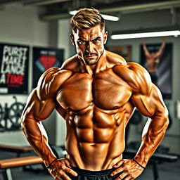 A realistic and striking image of a muscular man with an athletic physique, confidently posing in a modern gym environment