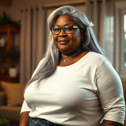 A realistic depiction of a 60-year-old dusky Latin housewife with a plus-size, pear-shaped body