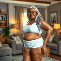 A realistic depiction of a 60-year-old dusky Latin housewife with a plus-size, pear-shaped body