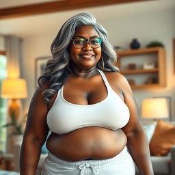 A realistic depiction of a 60-year-old dusky Latin housewife with a plus-size, pear-shaped body