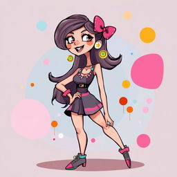 A playful and artistic illustration of a stylized female figure with exaggerated, cartoonish features, emphasizing a vibrant and colorful design
